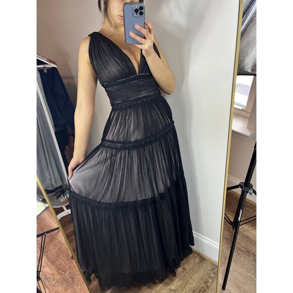 Vintage Tadashi Shoji Sleeveless Tiered Lace & Tulle Gown Whimsical Goth Black - Picture 1 of 10